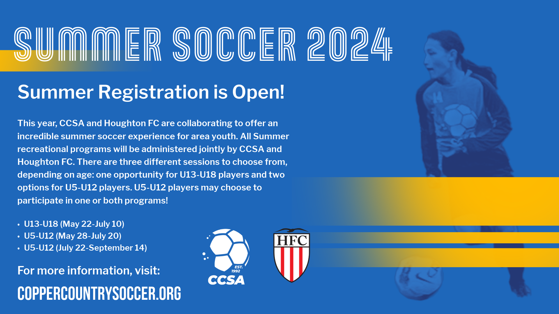 Graphic displaying information about Summer Soccer 2024 Registration. Duplicate information is on the registration page.